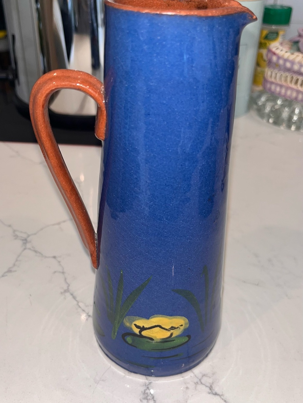 Vintage Torquay Pottery England Motto Ware Blue Water Lily Pitcher